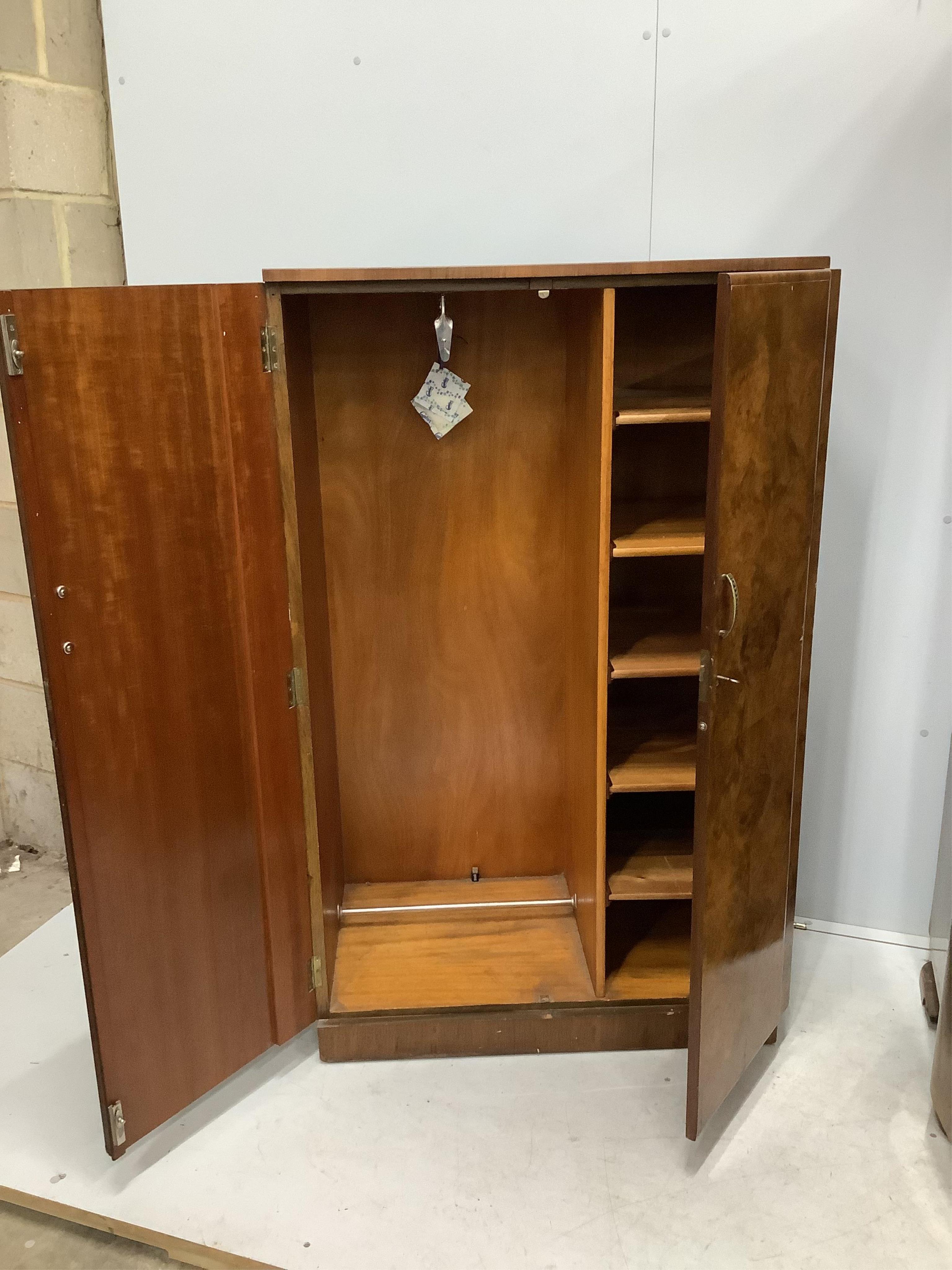 An Art Deco style walnut wardrobe and a gentleman's wardrobe, larger width 124cm, depth 52cm, height 194cm. Condition - fair